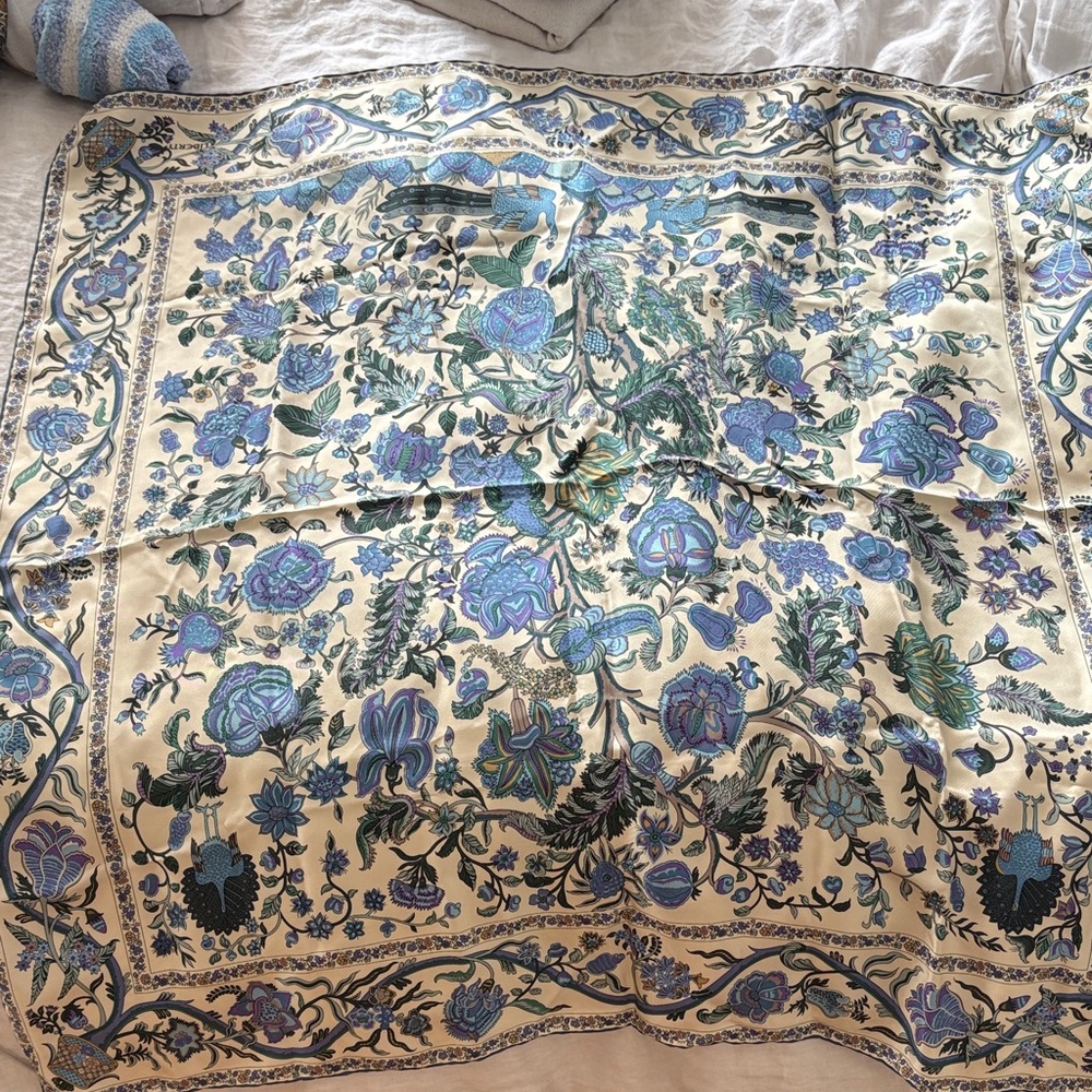 RARE NWOT Liberty of London. 34” Blue and Cream Floral SILK Scarf
